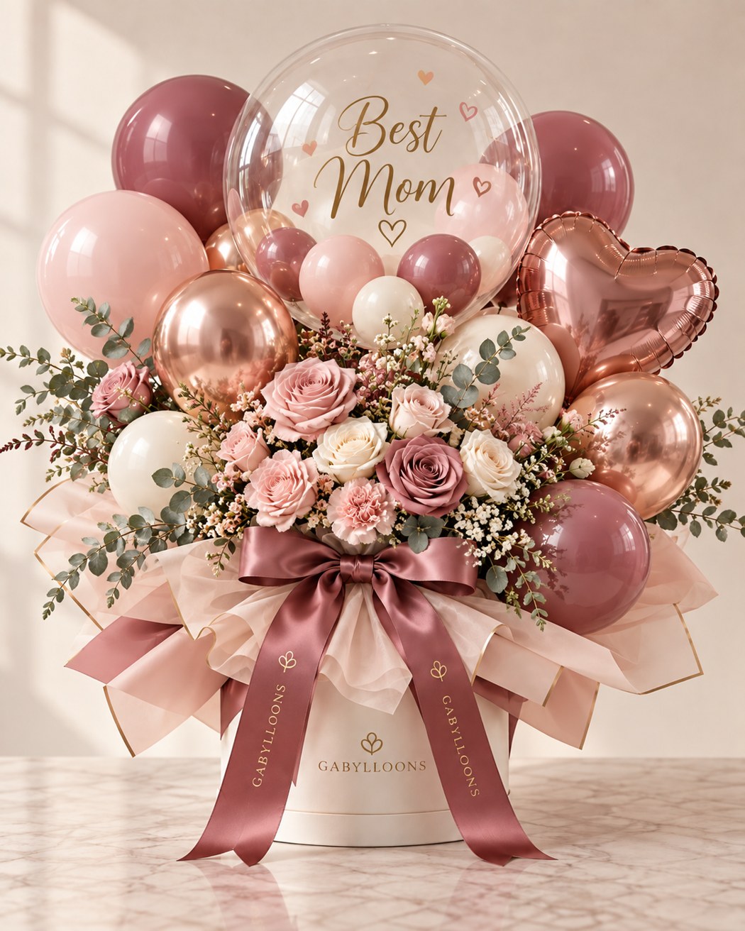 Rose shades and gold with flowers and heart details for Mom.