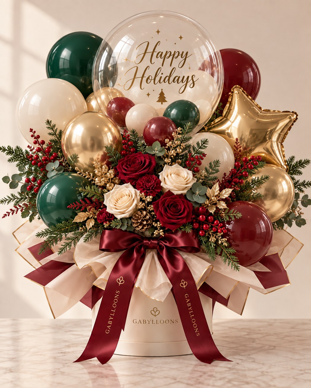Emerald, burgundy and gold with roses and a festive star.