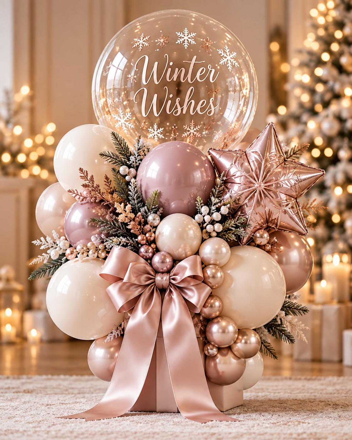 Blush and pearl tones with a winter message and metallic star.