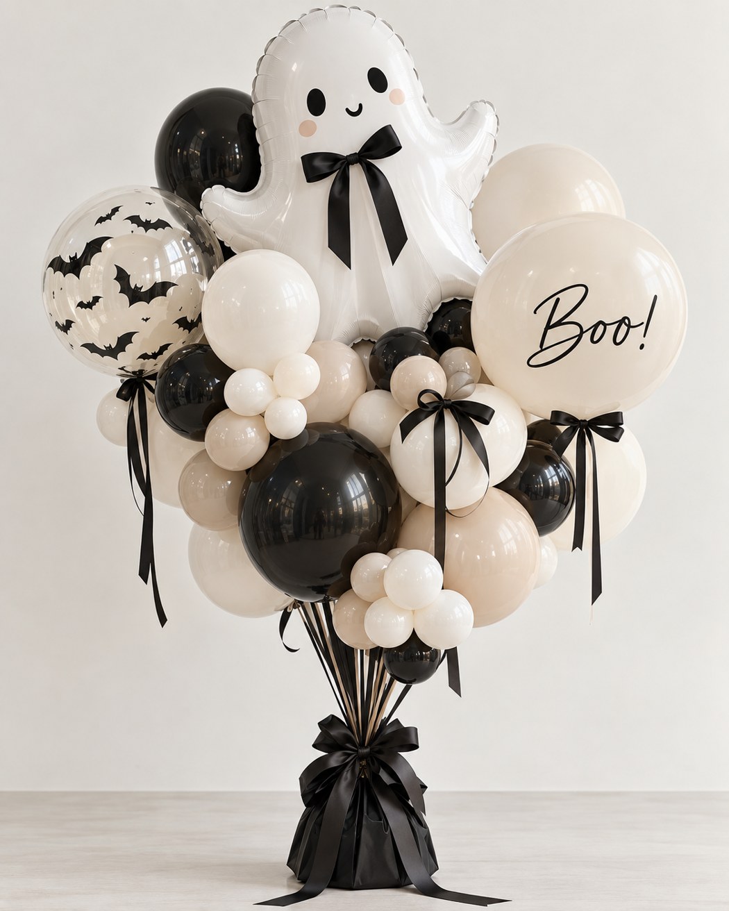A playful ghost with black and ivory balloons and satin ribbons.