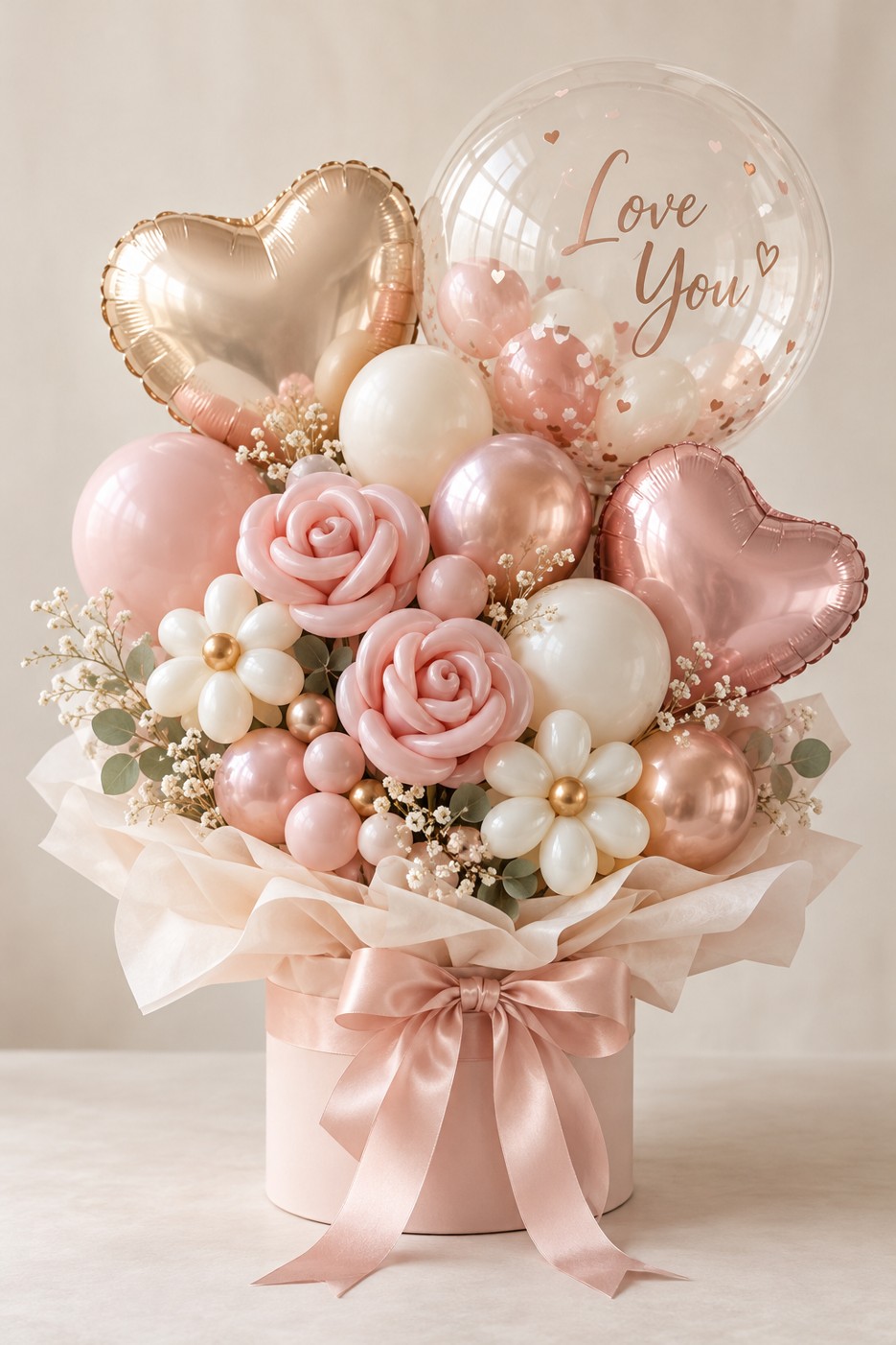 A wrapped bouquet of balloon flowers, blush hearts and a personalized love message.