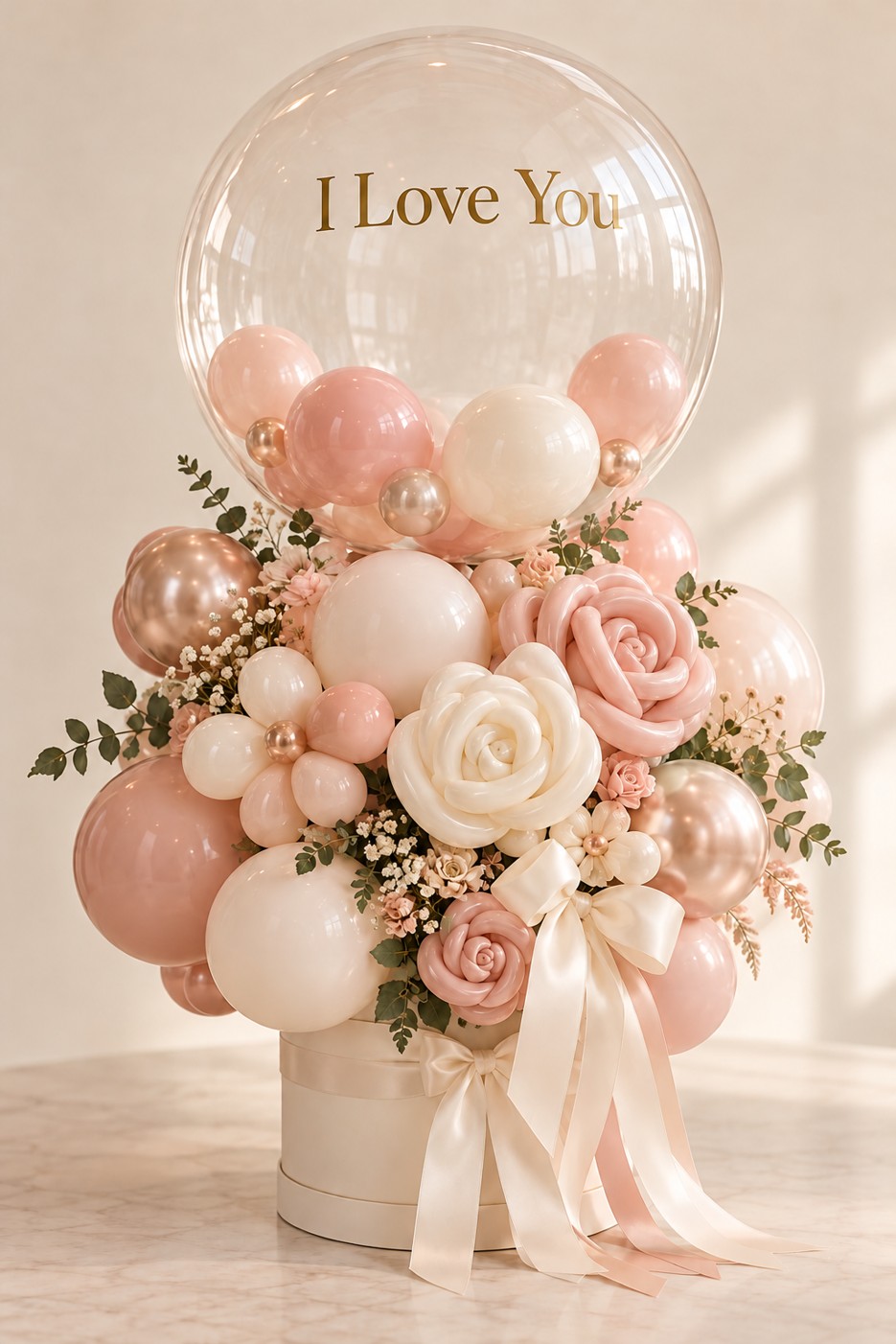A clear love bubble above blush and ivory balloon flowers, finished with a cream bow.