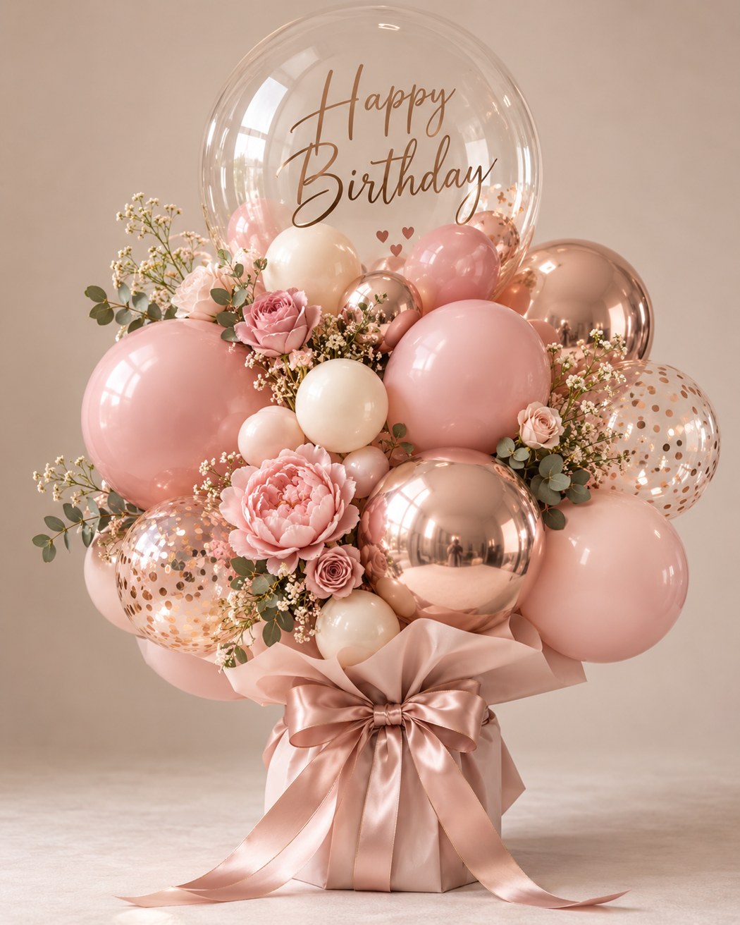 Pink and rose gold with roses, delicate foliage and a satin bow.