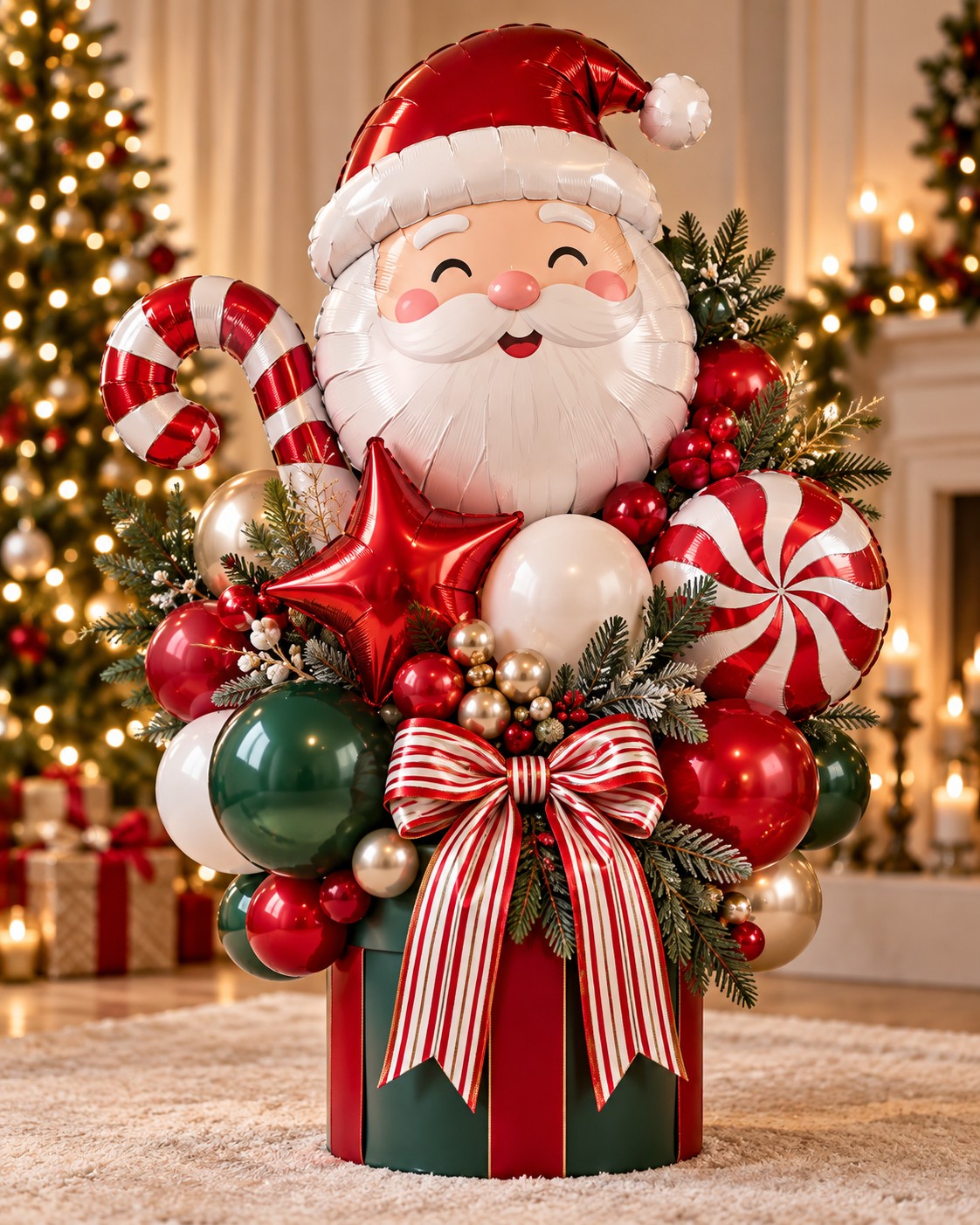 Santa and candy canes with festive red and green balloons.